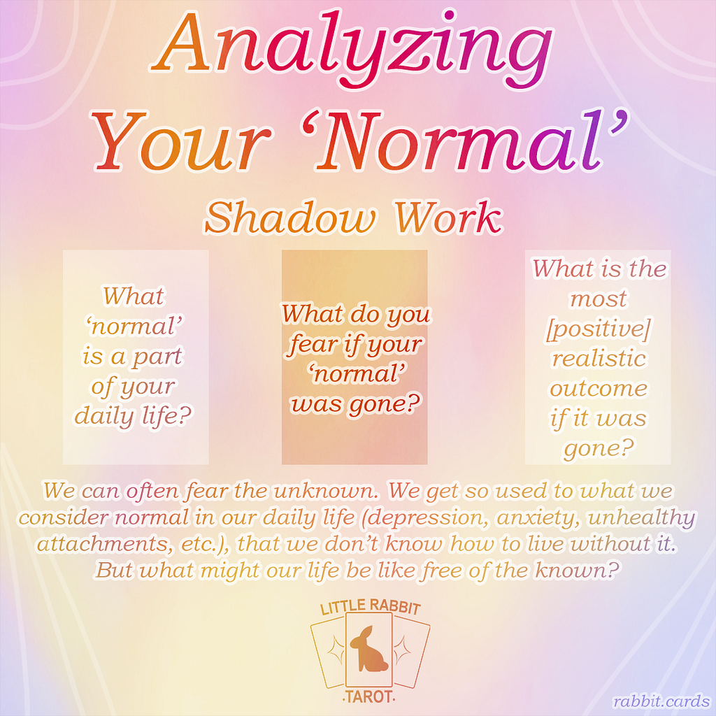 Analyzing Your ‘Normal’, Shadow Work. Question one: What ‘normal’ is a part of your daily life? Question two: What do you fear if your ‘normal’ was gone? Question three: What is the most [positive] realistic outcome if it was gone? We can often fear the unknown. We get so used to what we consider normal in our daily life (depression, anxiety, unhealthy attachments, etc.), that we don’t know how to live without it. But what might our life be like free of the known?