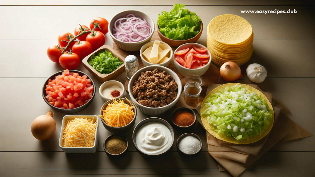 A clean kitchen counter with all the ingredients laid out for making beef tacos, including ground beef, taco seasoning, chopped onions, tomatoes, shredded lettuce, cheese, sour cream, and taco shells.