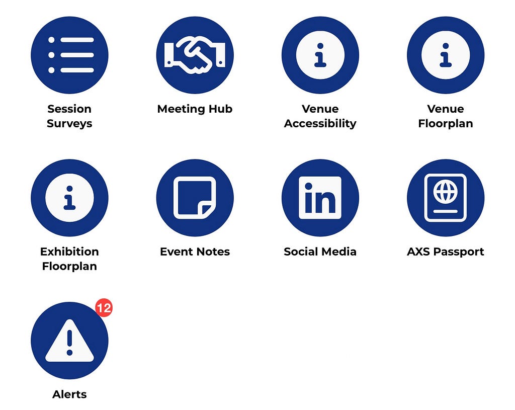 More buttons from app, Session surveys, Meeting hub, Venue accessibility, Venue floorplan, Exhibition floorplan, Event notes, Social media, AXS Passport and Alerts