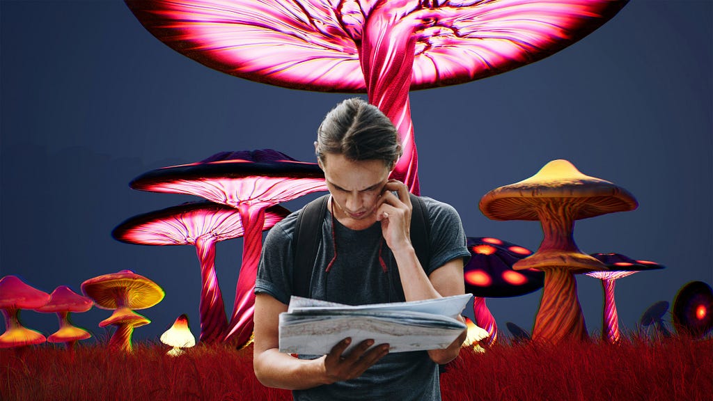 A man studies the paper looking for information on microdosing with magic mushrooms.