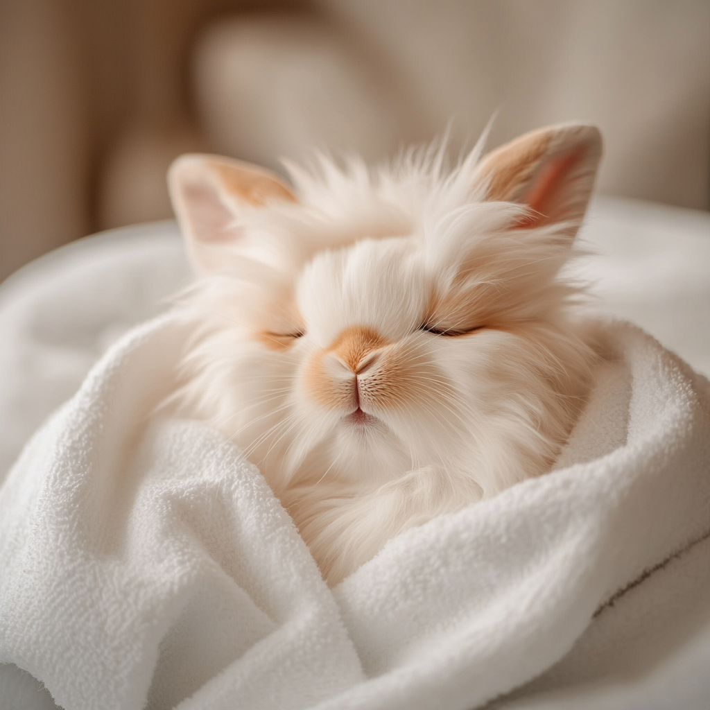 cute fluffy bunny lays on the coach for beauty procedures with closed eyes wearing white robe