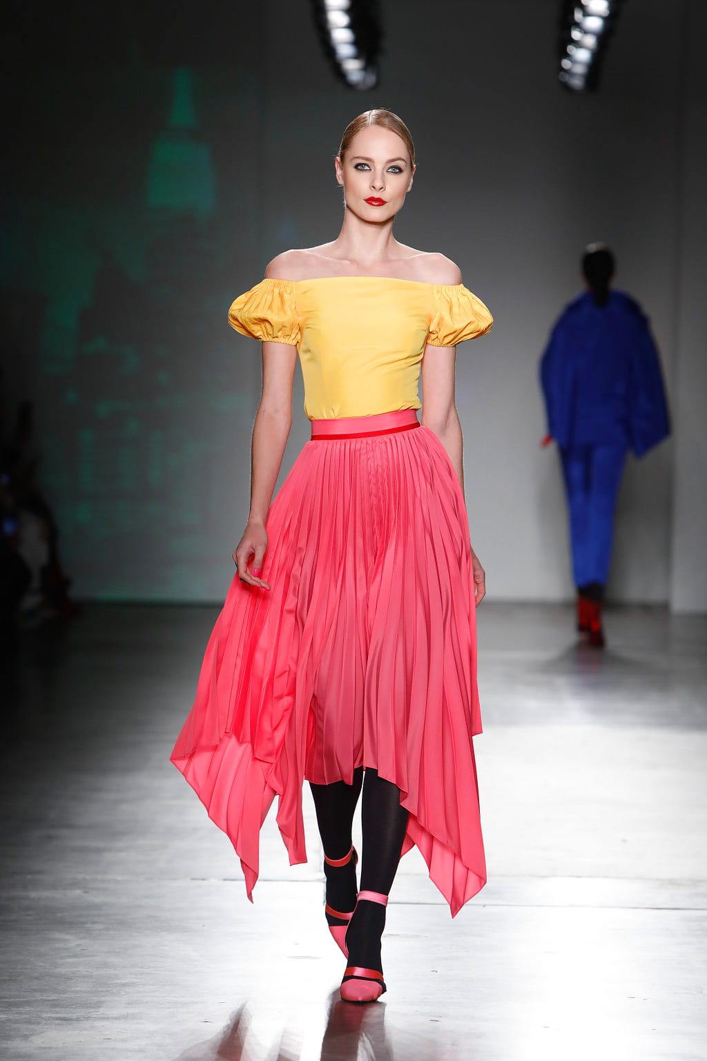 Pop Art Yellow Paper Taffeta Off Shoulder Blouse w/ Pleated Pouf Sleeve, Pop Art Pink Taffeta Pleated Handkerchief Hem Skirt