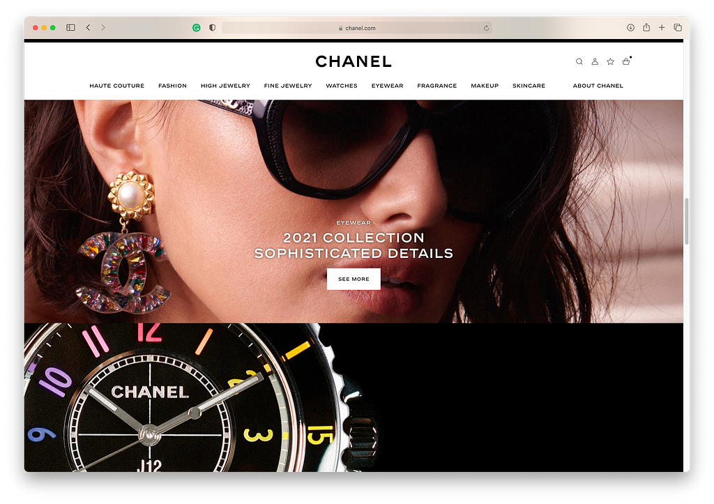 An image of chanel.com featuring a model wearing sunglasses and a watch
