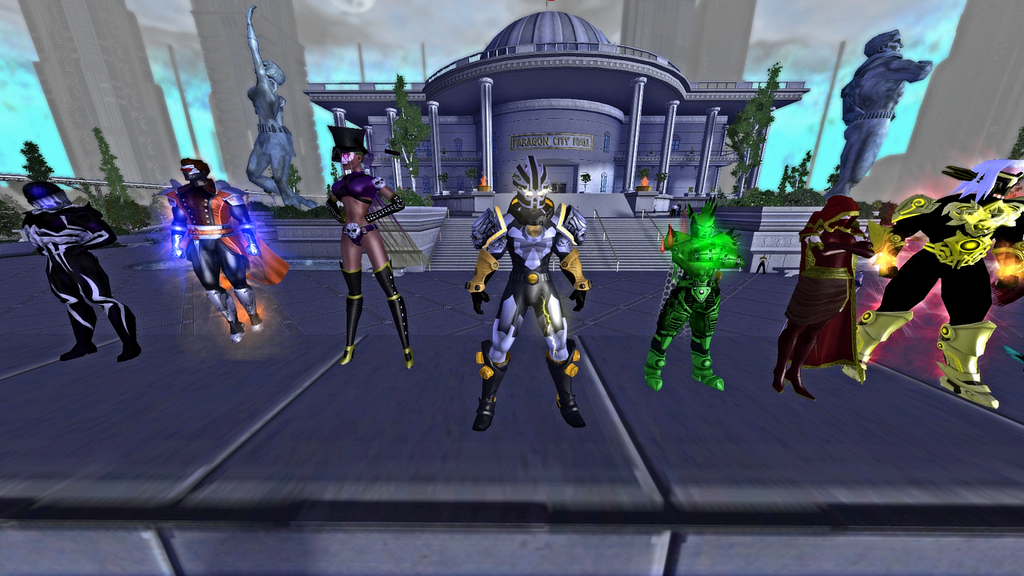 A costume contest featuring a row of lined-up heroes sporting their costumes and ready to be judged by fellow players.