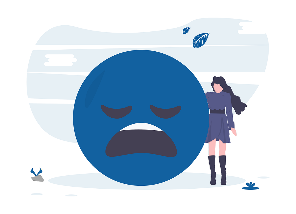 A large sad face emoticon overwhelms a UX beginner.