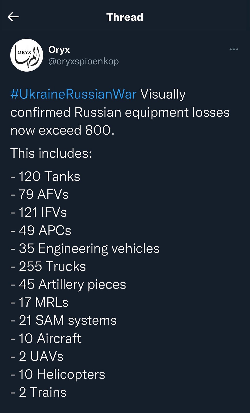 Screenshot a post on Twitter enumerating a supposed set of Russian military hardware that had been destroyed including among many others, 120 tanks for instance.