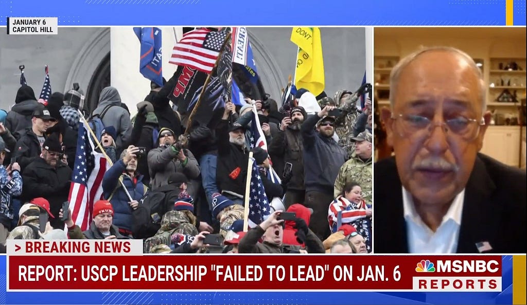 TV split screen with Retired General Russel Honore on one side and a photo of the rioters at the U. S. Capitol Building on the other.