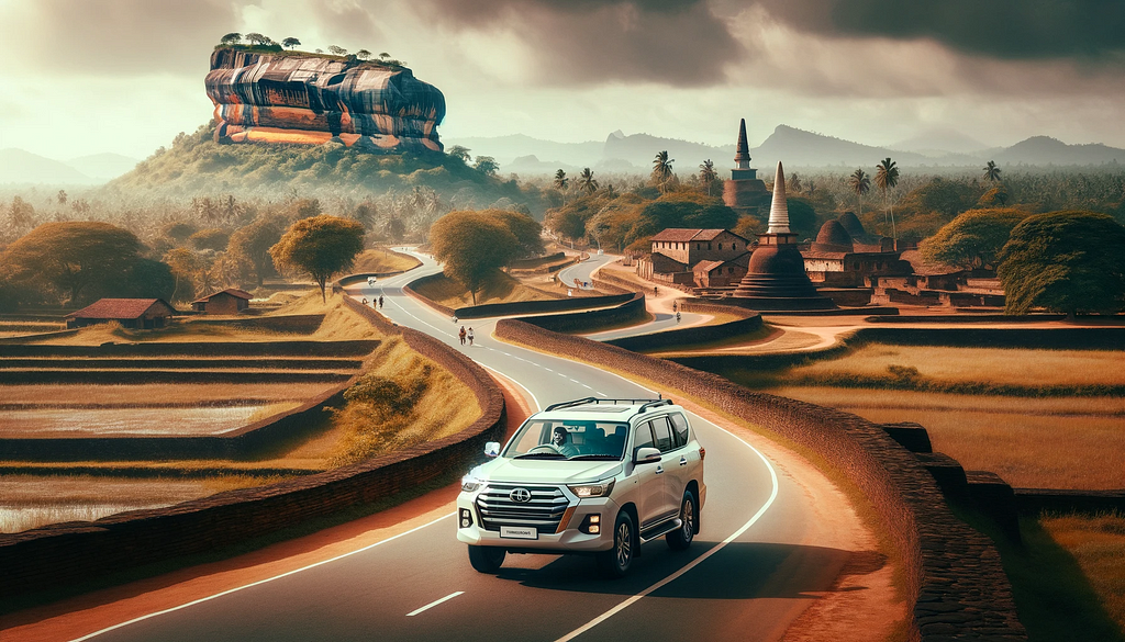 An SUV traversing the historic road from Sigiriya to Polonnaruwa in Sri Lanka, with the Sigiriya Rock Fortress visible in the distance. The road winds through landscapes rich in cultural heritage, symbolizing a journey through Sri Lanka’s ancient history