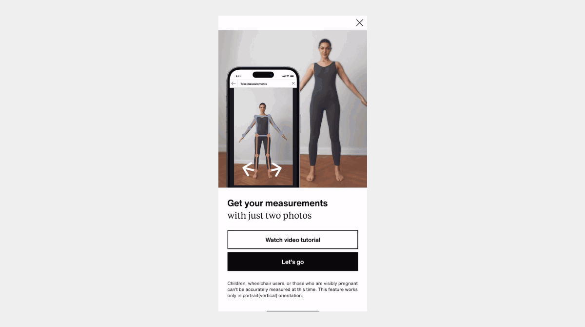 A screen recording of the start of the user onboarding process for the Size and Fit experience at Zalando, showing a short video of a person holding a phone, followed by a screen with buttons that read “Watch video tutorial” and “Let’s go”.