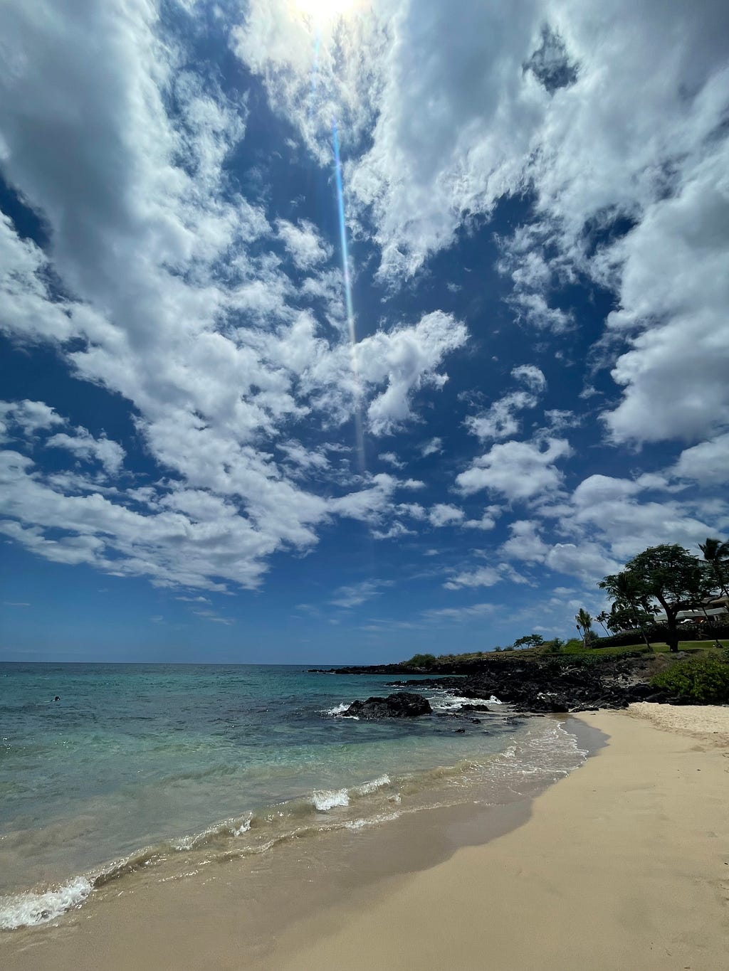 Clear turquoise water hits the undisturbed shoreline of Hawaii’s Hāpuna Beach with palm trees in the distance on the righthand coast