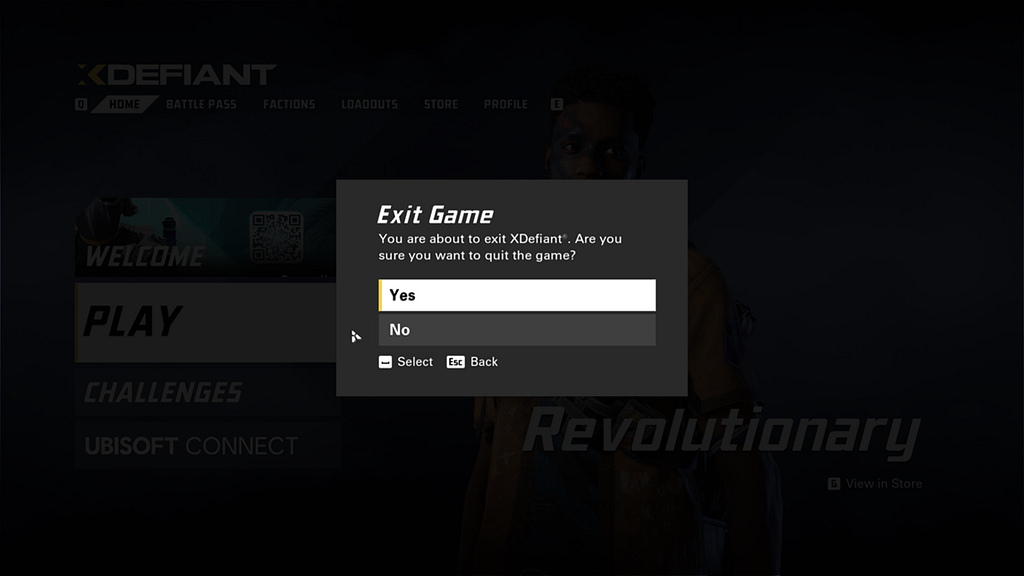 XDefiant UI showing a confirmation dialog with Yes and No options.
