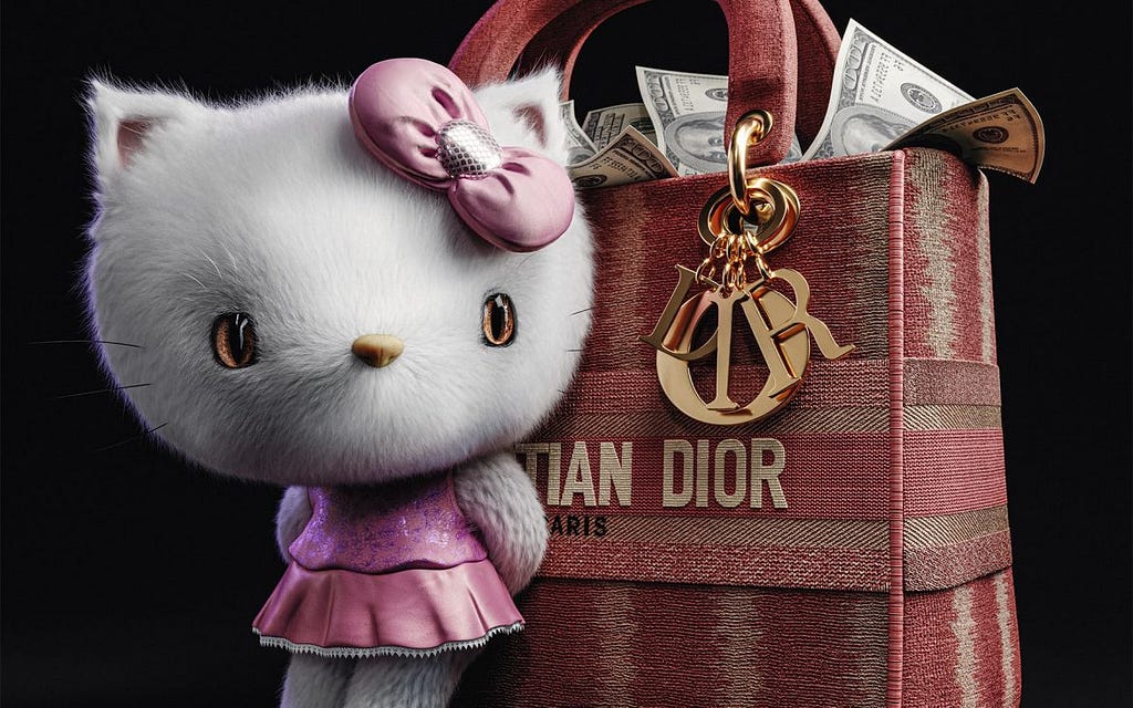 Hello Kitty leaning against a Christian Dior handbag overflowing with dollar bills