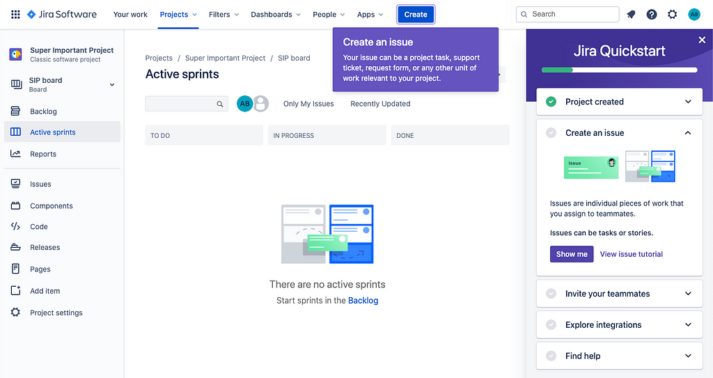 Image of Jira’s multi step set up guide, which appears on the side, not taking away from the empty state.