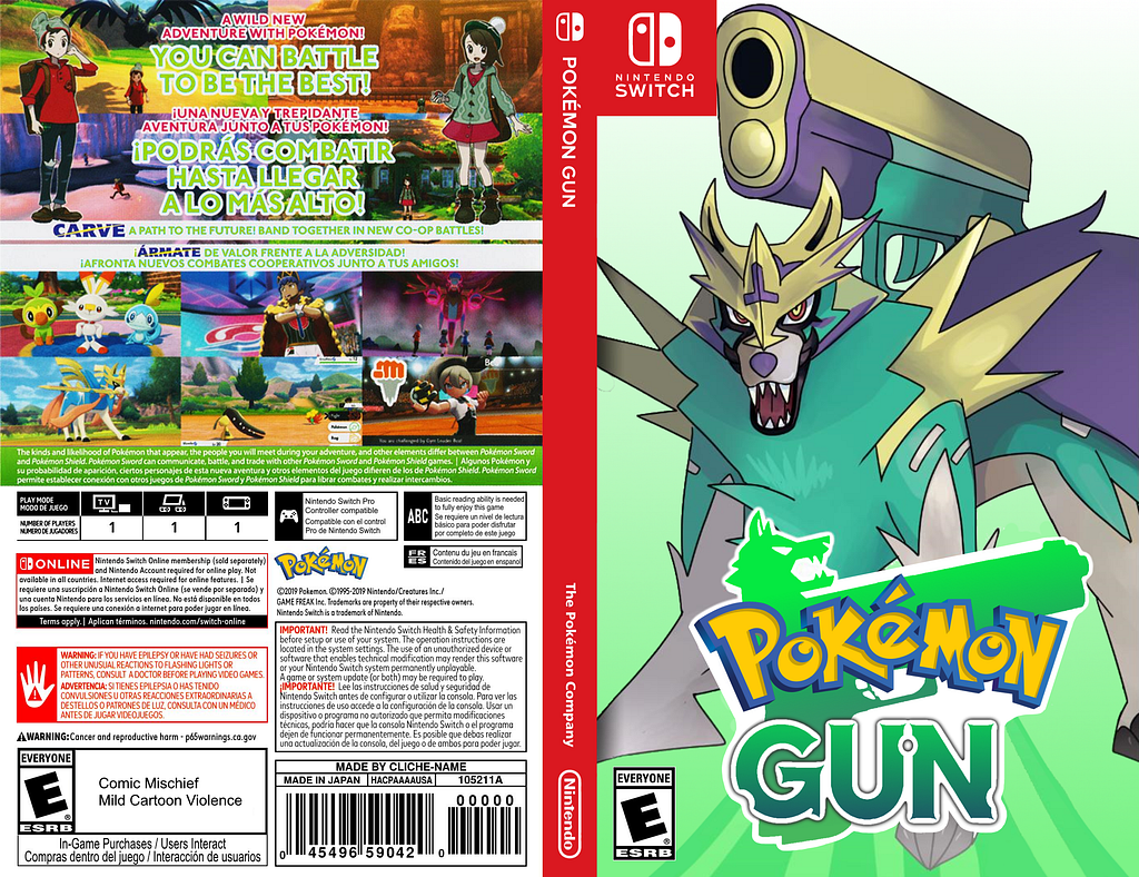 A fan-made cover for the nonexistent Pokémon Gun game on Nintendo Switch. It looks like any other Switch game cover, and is designed to closely mimic the covers of Pokémon Sword and Shield. The back cover (left) details features of the game in both English and Spanish and has warnings for photosensitive players.