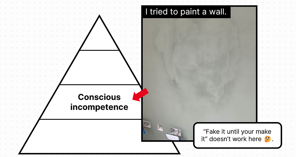 Picture of a very badly painted wall, as an example of conscious incompetence realization.