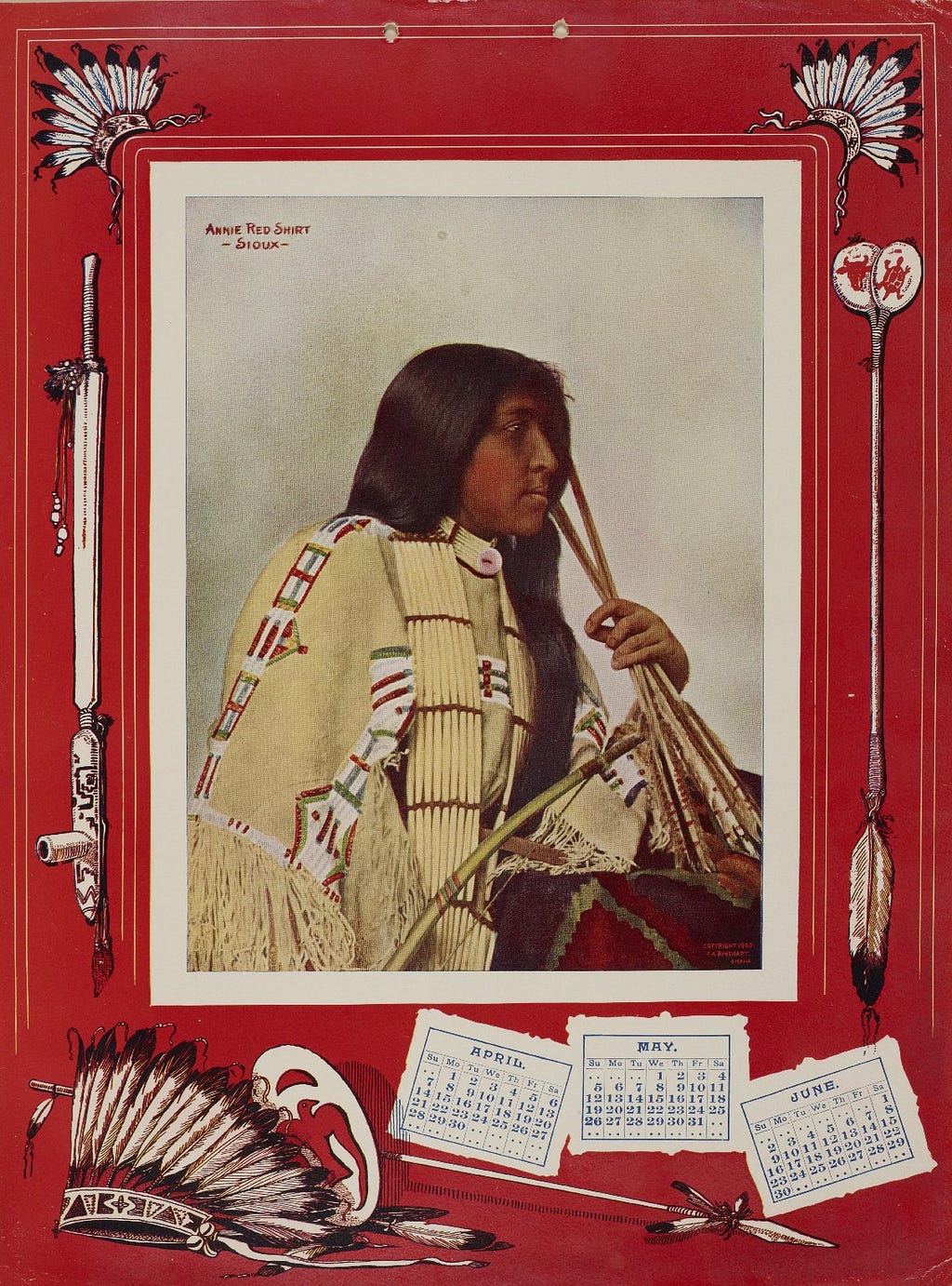 Calendar featuring Annie Red Shirt — Sioux, with illustrations of feathers, an arrow and head-dress.