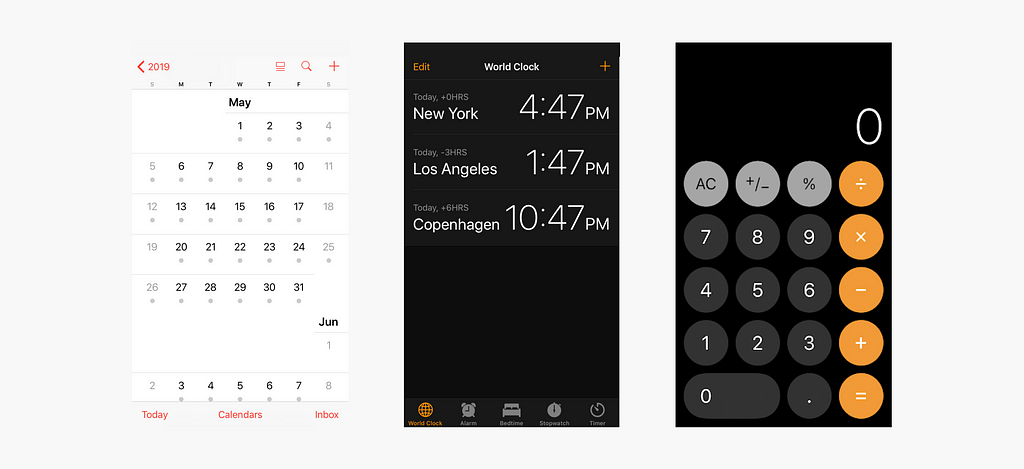 Images of interfaces without words: a calendar, a clock, and a calculator.