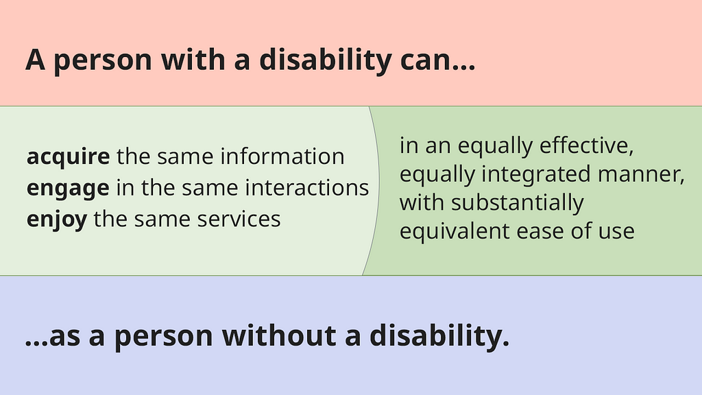 A person with a disability can … acquire the same information, engage in the same interactions, enjoy the same services … in an equally effective, equally integrated manner with substantially equivalent ease of use … as a person without a disability.