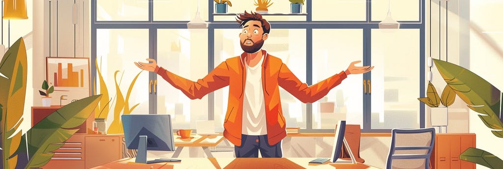 An illustration of a man wearing an orange jacket in an office shrugging.