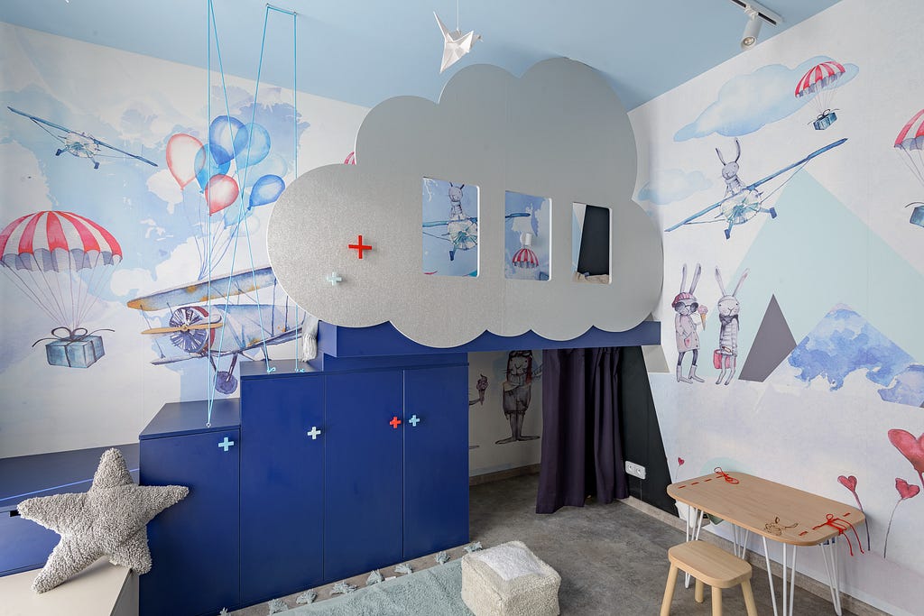 Figure3.: One 3years old boy's room with sibling perspektive. Design: Markéta Daňková, foto: Jakub Podlesný