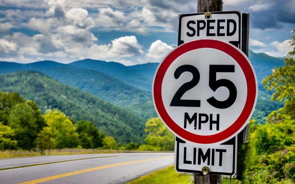 Know before you go, speed limit sign. Photo by Asheville man, Joseph Miles Blanchard.