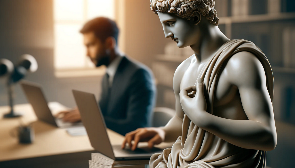 A imagem mostra um executivo trabalhando em conjunto com uma estatua grega que representa o estoicismo