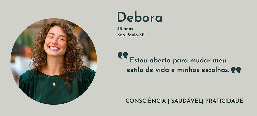 persona presentation slide with a photo of a woman with curly brunette hair and a green blouse smiling on the left side and her profile information on the right side.