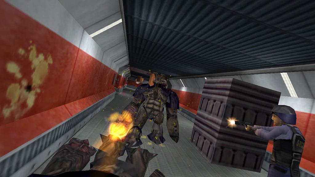 Cena do jogo Half Life mostrando uma arma atirando em um monstro