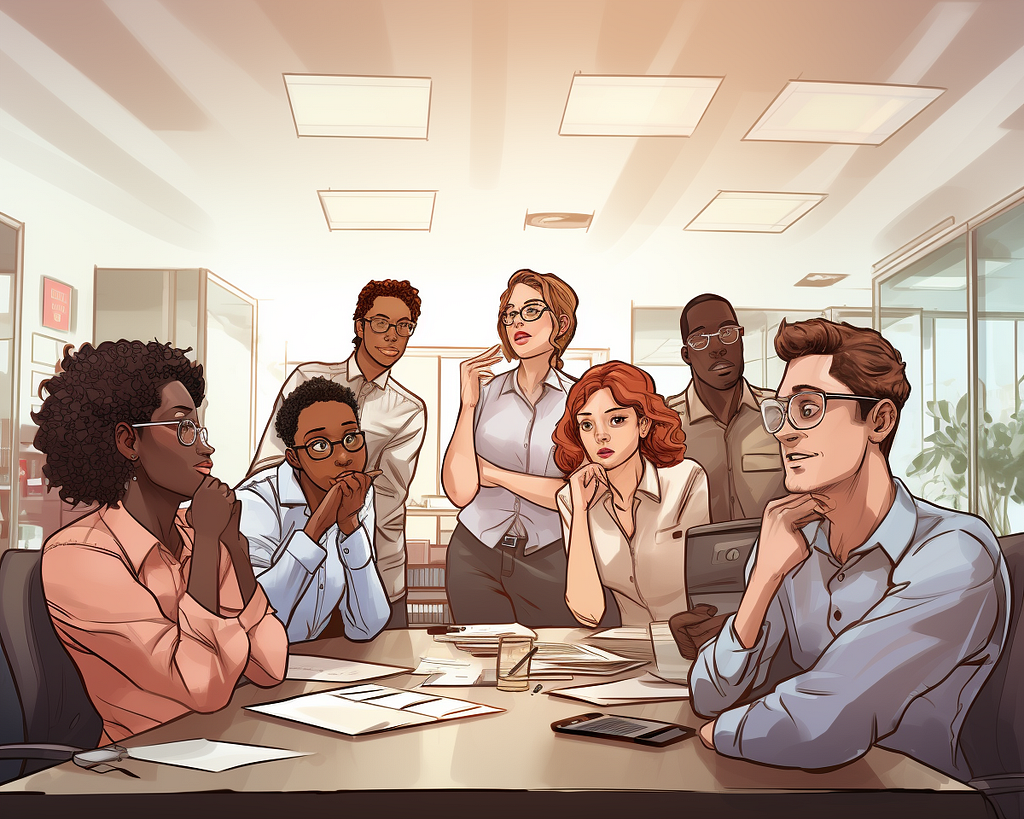 Seven corporate workers gathered around a conference table looking contemplative and mildly perplexed.