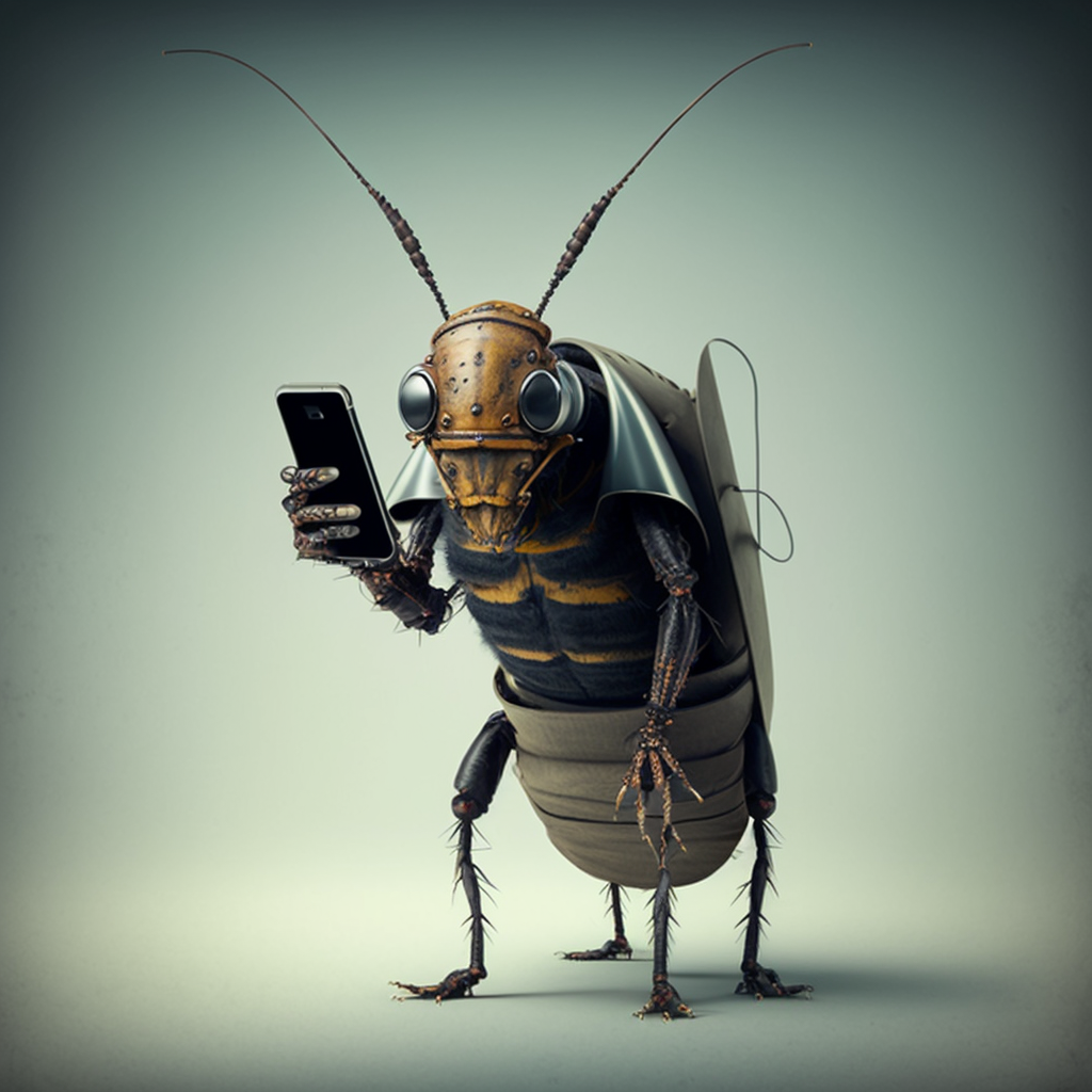 A humanoid cockroach standing up and holding a smartphone.