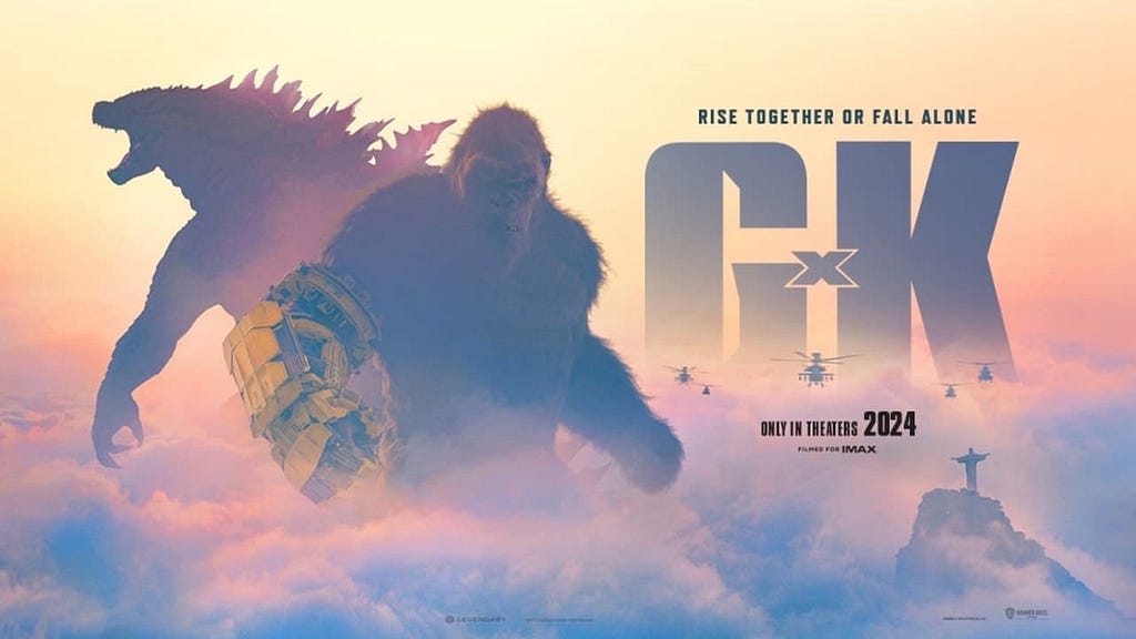 Poster of the film showing Kong in front and Godzilla behind him amidst clouds with the statue of Jesus in Rio de Janeiro on the side and helicopters flying above it.