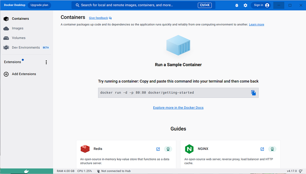 Figure representing a fully started Docker Desktop application