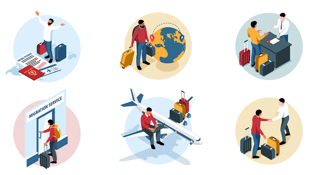 Illustration of six different situations that show people during the journey through their immigration process