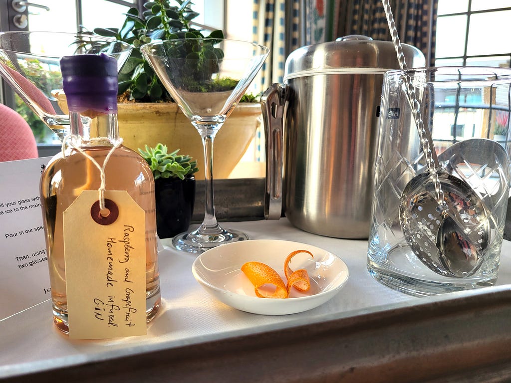 Raspberry and grapefruit homemade infused gin delivered to our room, yet another special touch. Photo by Laura Metze.