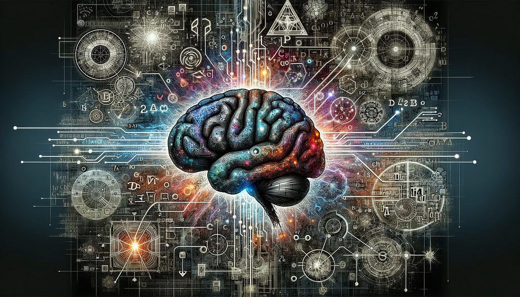 An image of a digital brain evolving and branching out into advanced mathematical and cryptanalysis symbols, representing the rumored capabilities and speculative journey of Qualia towards AGI.