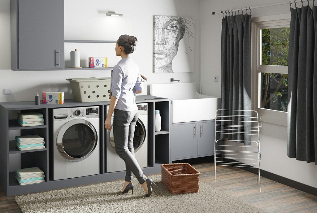 Well dressed woman in an organized, stylish laundry room. Men are never well dressed when doing laundry. Its a chore, not an fashion event.
