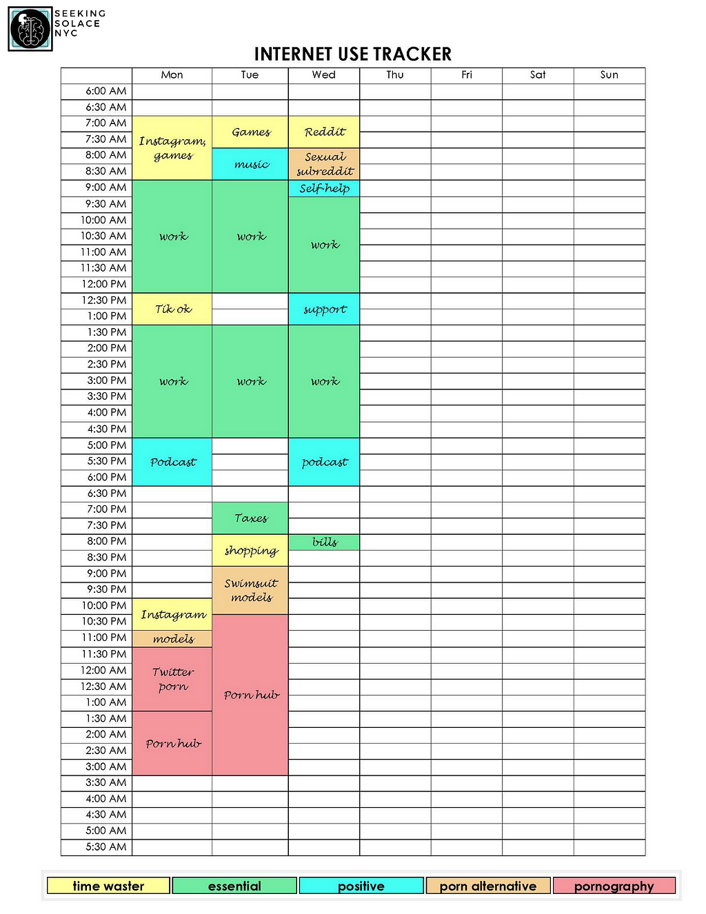 color coded Internet use tracker spreadsheet to monitor time spent on time-wasters, essential tasks, positive activities, pornography alternatives and sexually explicit material.