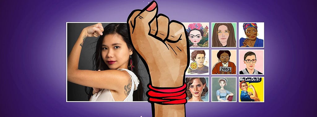 A women flexs her muscles. Next to her are images of famous feminists, including Gloria Steinem and Rosa Parks.