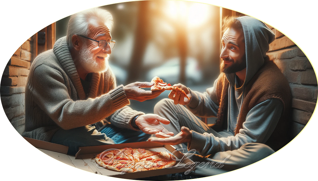 An emotional scene of an old man offering his last slice of pizza to a grateful homeless person, depicting a powerful moment of kindness and human connection.