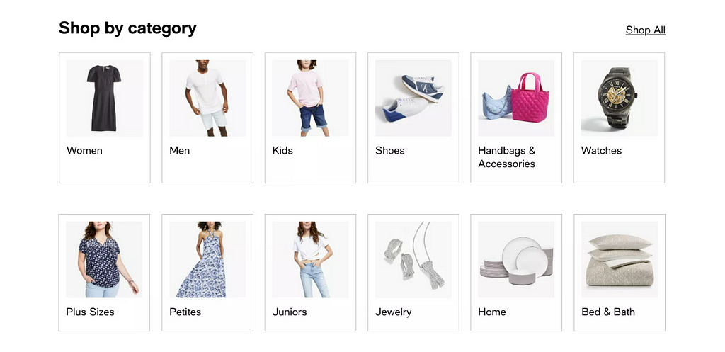 A shop by category section with two rows of 6-per-row product category links, each consisting of an image thumbnail and title.
