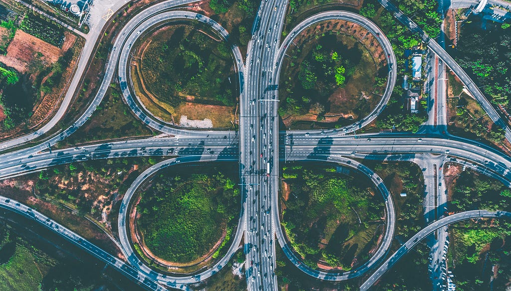 Photo of a highway with intersections taken from a drone view from the sky. The image intends to reflect an analogy of a complex system