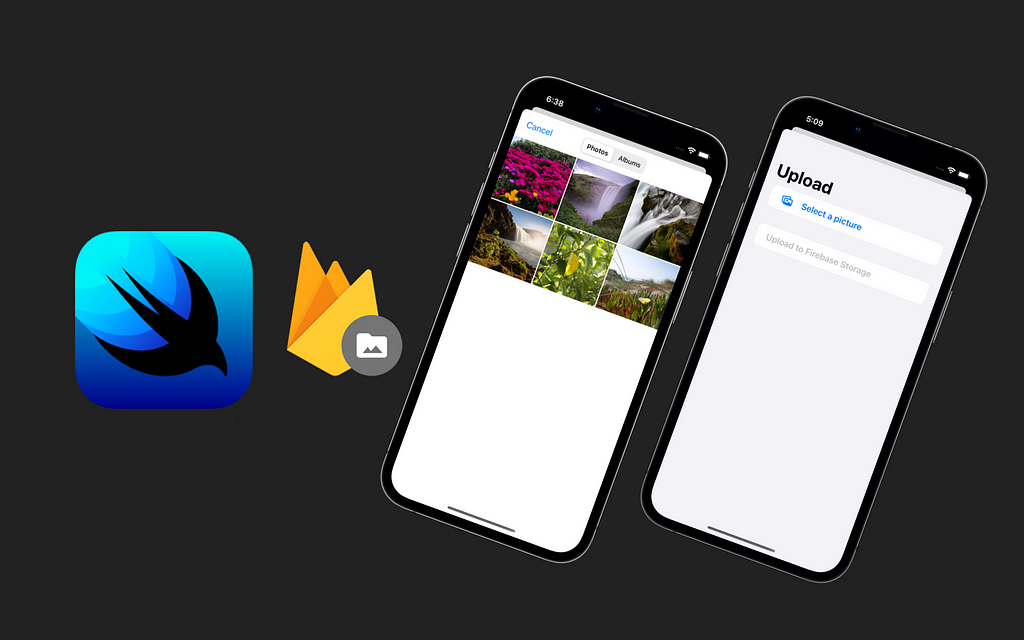 Screenshot of iPhones with the SwiftUI and Firebase logo