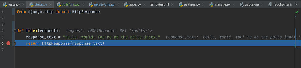 Paused execution in view at the breakpoint.