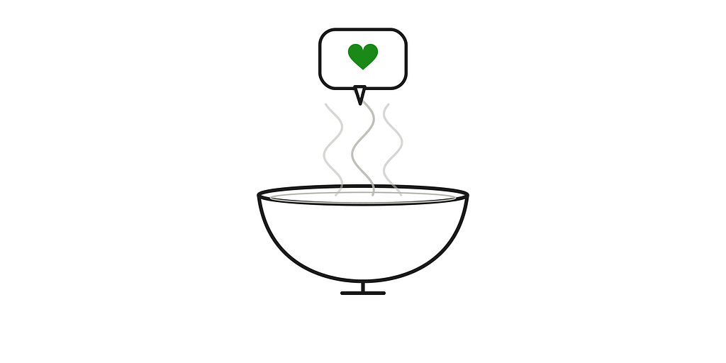 Illustration of a bowl with steam rising into a speech bubble containing a heart, symbolizing food that responds to how you feel.