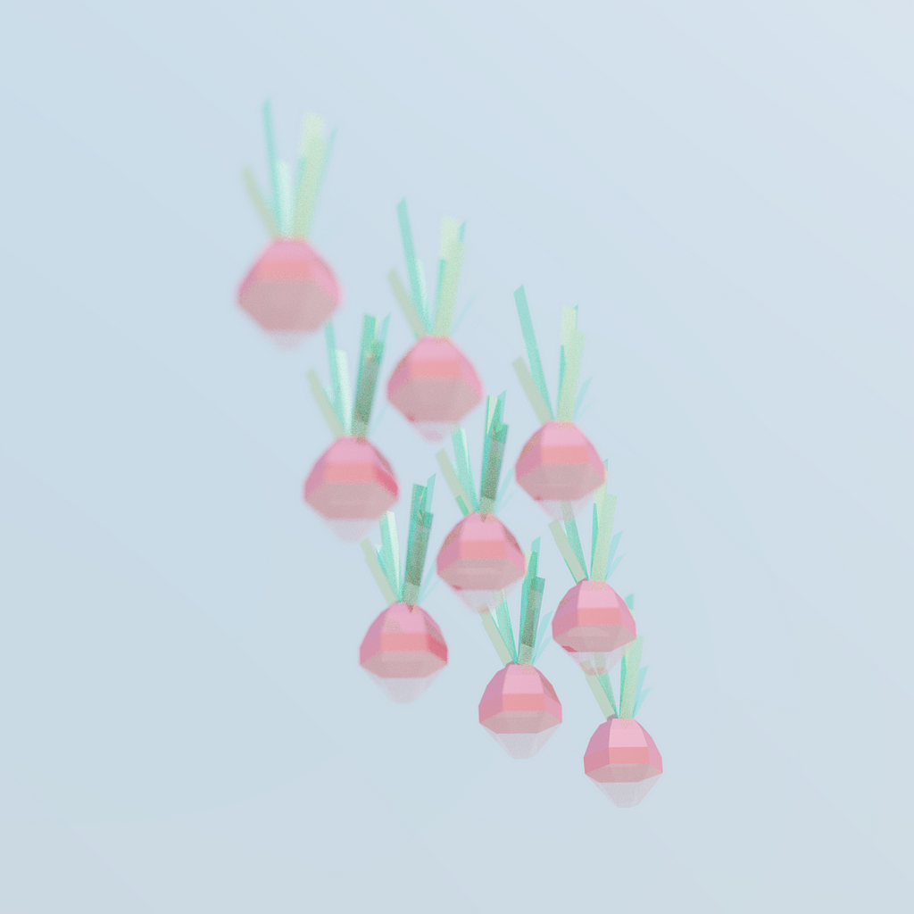 Floating 3d rendered low-poly beetroots.