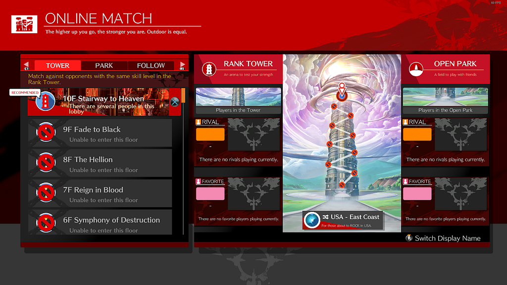 Strive’s online match menu that lists all floors from 6 to 10. There is a depiction of a tower reaching the heavens on the right with a character icon at the top.