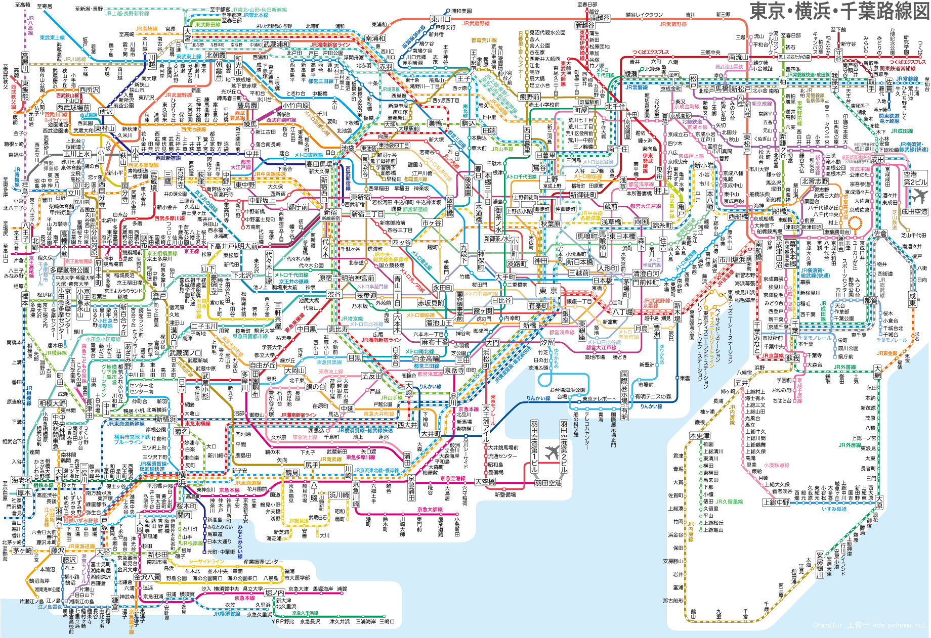 A detailed map of the many, many subway routes in Tokyo.