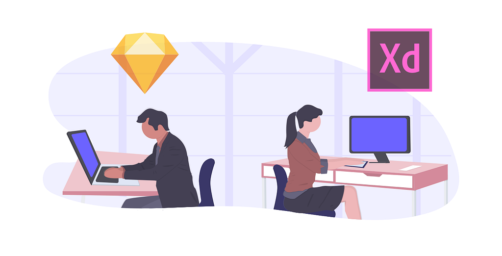Illustration of two designers using Sketch & Adobe XD Software