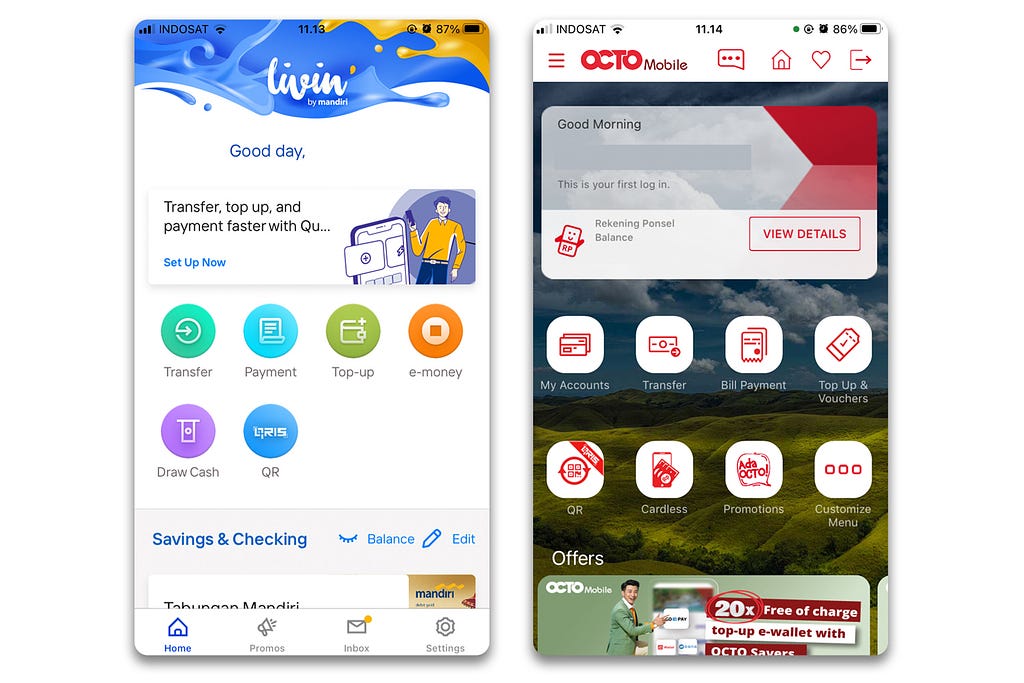 Homepage of Bank App Mandiri Livin and CIMB Octo Mobile