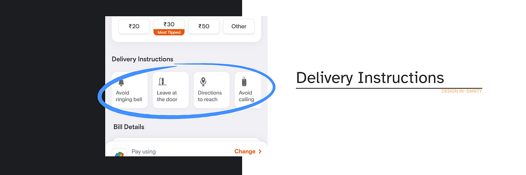 Swiggy app’s screenshot showing the icons for delivery instructions on the cart page.